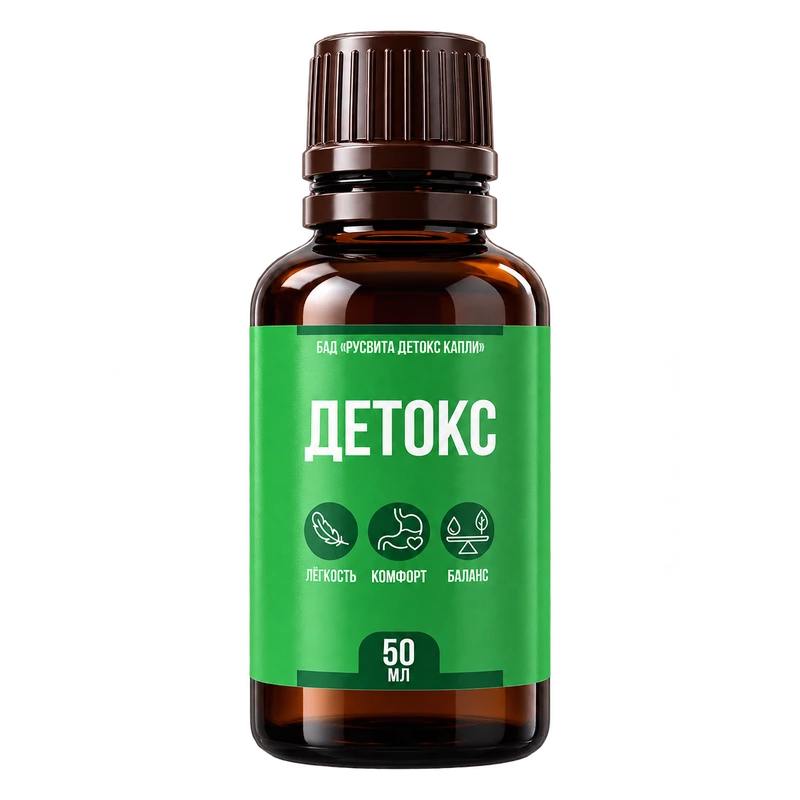 Янтарный флакон РусВита Детокс с зелёной этикеткой